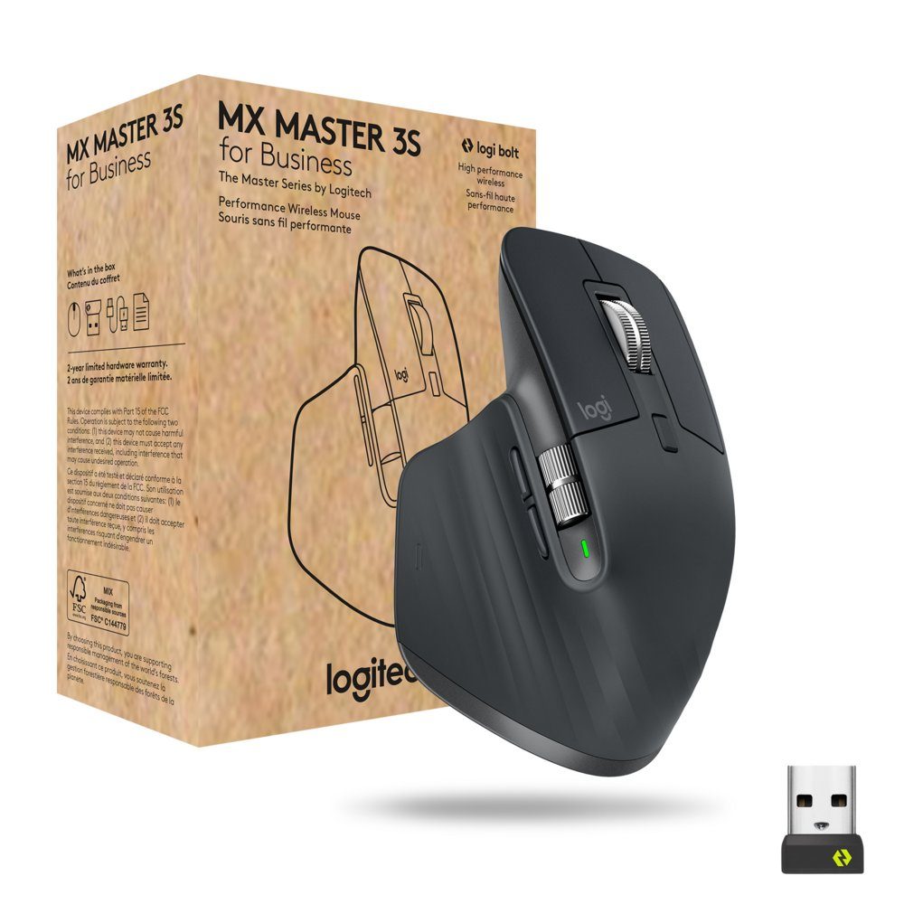 Logitech MX Master 3s for Business | Draadloze Muis | RF-Draadloos + Bluetooth | 8000 DPI | Grafiet